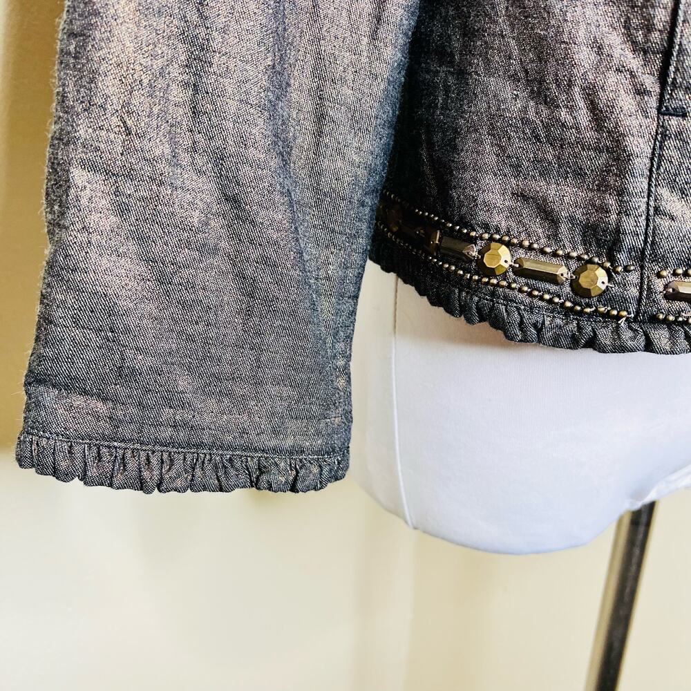 Chico's Jacket Small Beaded Studded Ruffle Chambray Embellished Metallic Gold - Picture 5 of 8